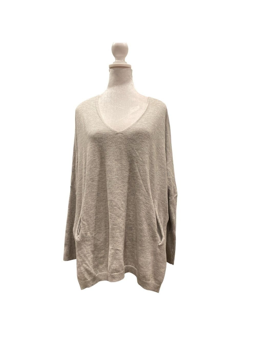 Babaton S/M Gray Wool Linen Oversized V-Neck Pocket Sweater